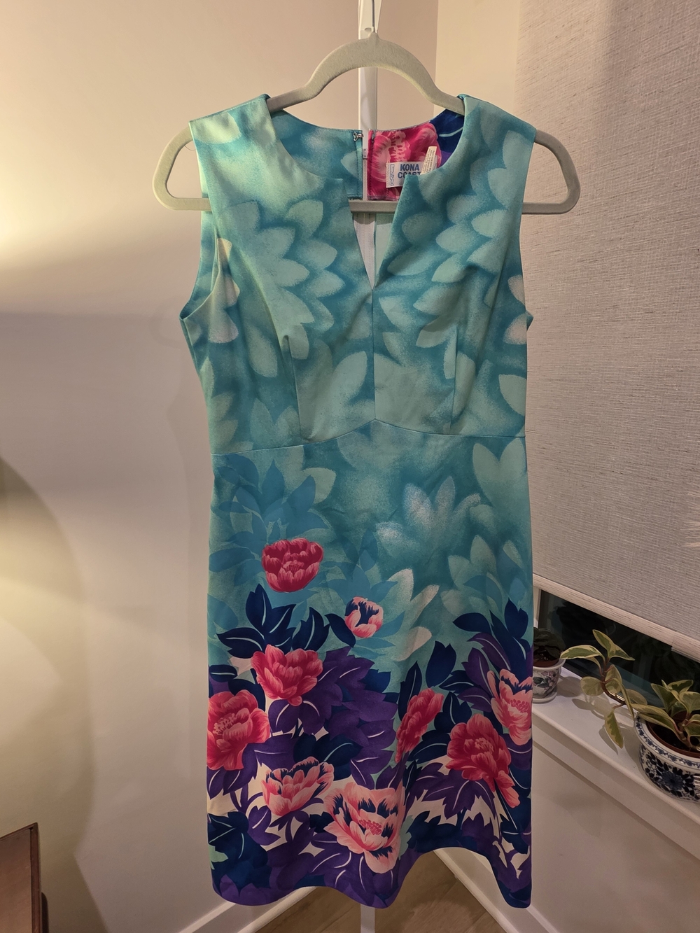 VTG Hawaiian Sleeveless Aqua Floral Sheath Dress Size L - Picture 13 of 16